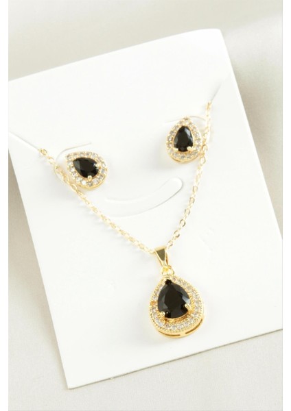 Ds-Derin Oval Zirkon Taşlı Set Kolye-Siyah