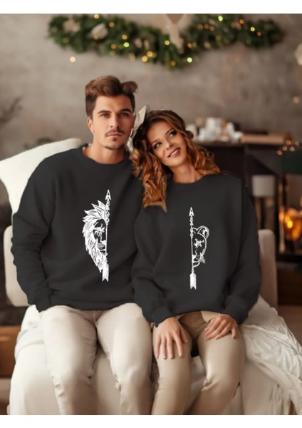 Sevgililer Günü Couple Çift Dişi ve Erkek Aslan Baskılı Sevgili Kombini Tasarım Sweatshirt