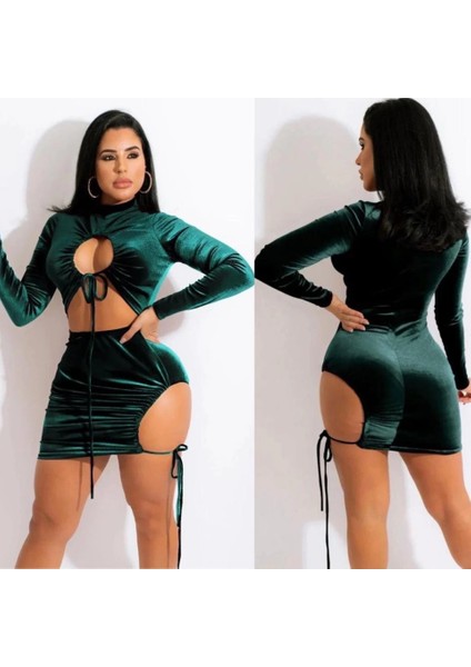 Kadın Uzun Kollu Full Dekolte Detay Kadife Kumaş Elbise