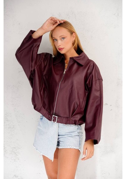 Oversize Bomber Kemerli Fermuarlı Deri Ceket