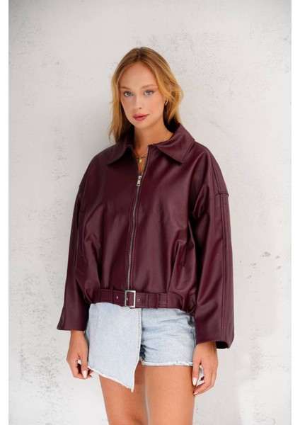 Oversize Bomber Kemerli Fermuarlı Deri Ceket fiyatları