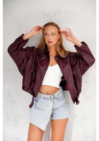 Oversize Bomber Kemerli Fermuarlı Deri Ceket modelleri