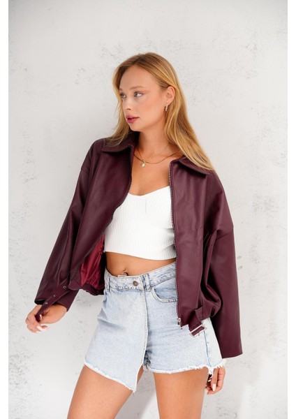 Oversize Bomber Kemerli Fermuarlı Deri Ceket fırsatları