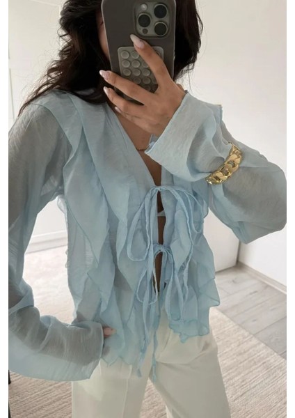 Fırfır Detaylı Bağlamalı Şifon Kumaş Gömlek