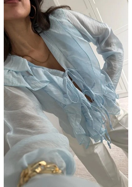 Fırfır Detaylı Bağlamalı Şifon Kumaş Gömlek fiyatları