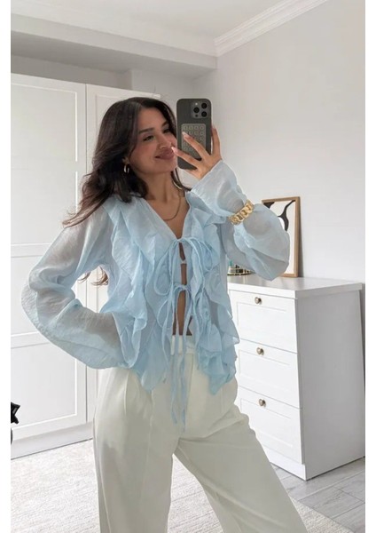 Fırfır Detaylı Bağlamalı Şifon Kumaş Gömlek modelleri