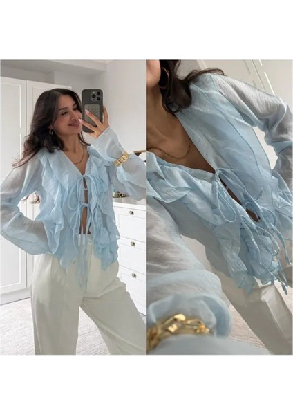 Fırfır Detaylı Bağlamalı Şifon Kumaş Gömlek fırsatları