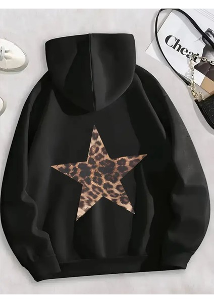 Trend Leopar Yıldız Baskılı Rahat Kalıp Kadın Oversize Kapüşonlu Sweatshirt