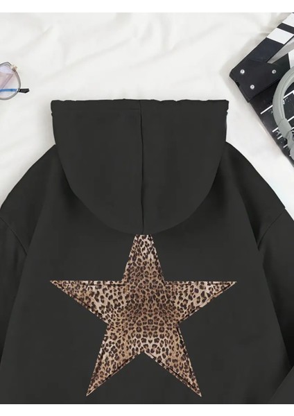 Trend Leopar Yıldız Baskılı Rahat Kalıp Kadın Oversize Kapüşonlu Sweatshirt fiyatları