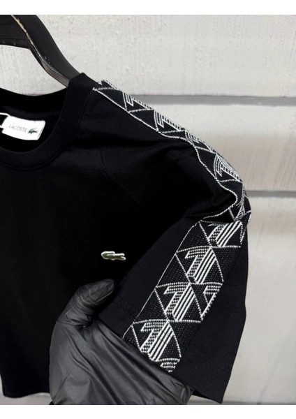 Premium Siyah Erkek Tişört Omuz Şerit Desenli