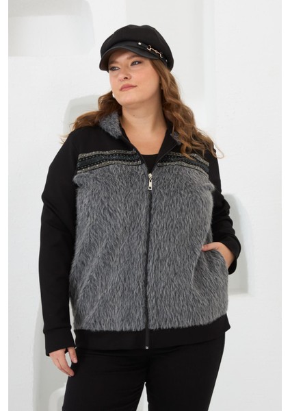 Kadın Kaşe Garnili Taşlı Kürklü Büyük Beden Hırka