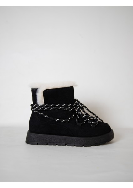 219851141-1 Kadın Yumuşak Rahat Kürklü Bot - Tekstil Süet Kışlık Siyah Bot
