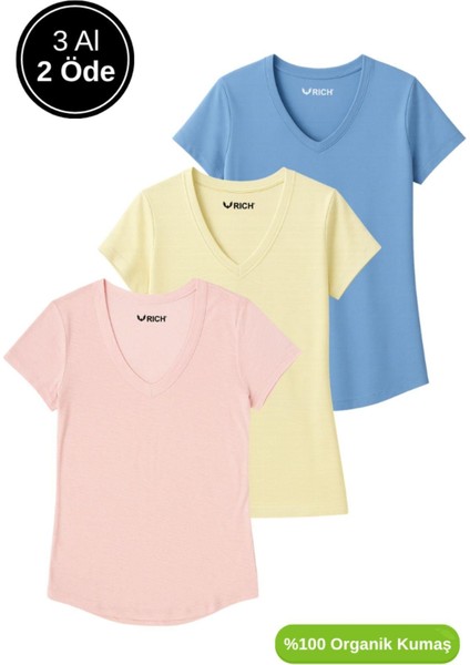 Kadın 3'lü Paket Mavi-Sarı-Pudra %100 Organik Pamuk Normal Kesim Tişört V Yaka T-Shirt