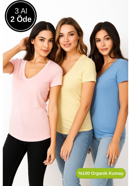 Kadın 3'lü Paket Mavi-Sarı-Pudra %100 Organik Pamuk Normal Kesim Tişört V Yaka T-Shirt modelleri
