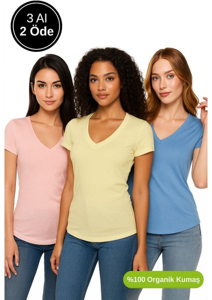 Kadın 3'lü Paket Mavi-Sarı-Pudra %100 Organik Pamuk Normal Kesim Tişört V Yaka T-Shirt fırsatları