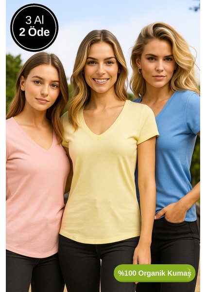 Kadın 3'lü Paket Mavi-Sarı-Pudra %100 Organik Pamuk Normal Kesim Tişört V Yaka T-Shirt indirimleri