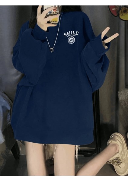 Unisex Lacivert Smile Logo Baskılı Oversize Sweatshirt Ck-Smilelcvsweet