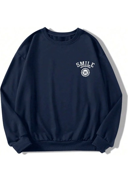 Unisex Lacivert Smile Logo Baskılı Oversize Sweatshirt Ck-Smilelcvsweet fiyatları