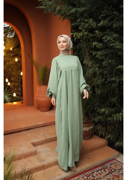 Açık Bej Tesettür Balon Kollu Oversize Elbise Standart Beden ( 36 - 42 ) Uyumludur 1692