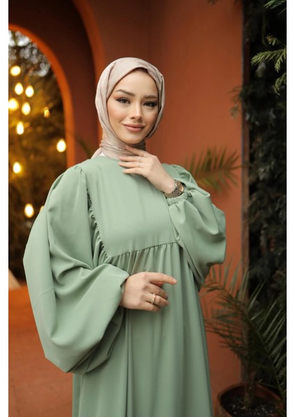 Açık Bej Tesettür Balon Kollu Oversize Elbise Standart Beden ( 36 - 42 ) Uyumludur 1692 modelleri