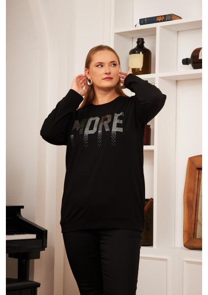 Kadın Işıltılı Taş Detaylı Siyah Büyük Beden Sweatshirt fiyatları