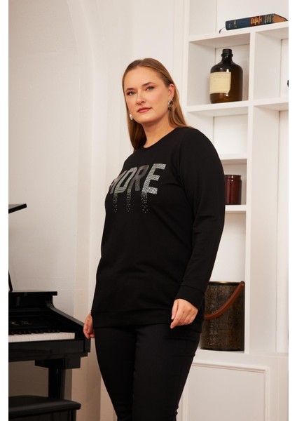 Kadın Işıltılı Taş Detaylı Siyah Büyük Beden Sweatshirt modelleri