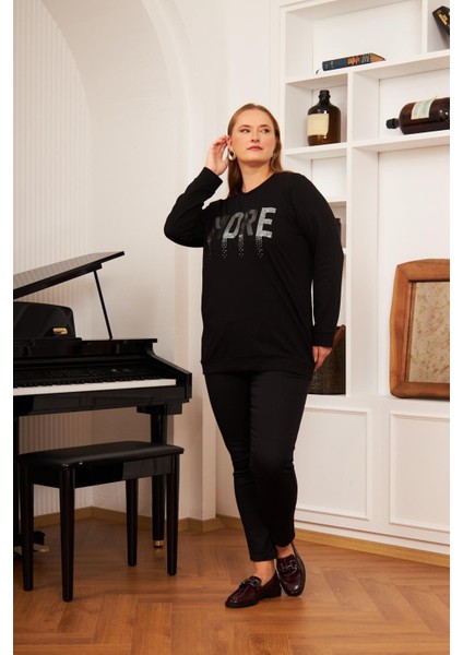 Kadın Işıltılı Taş Detaylı Siyah Büyük Beden Sweatshirt indirimleri
