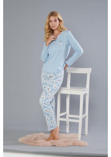 Kadın Pamuk Sevimli Desen Uzun Kollu Kışlık Pijama Takımı 09-276
