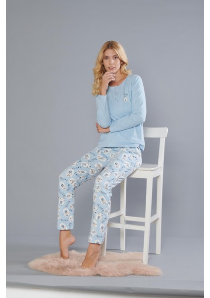 Kadın Pamuk Sevimli Desen Uzun Kollu Kışlık Pijama Takımı 09-276 fiyatları