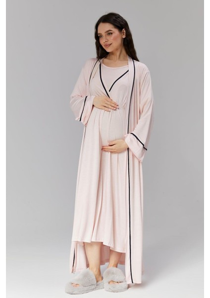 Pamuklu Biyeli Kruvaze Yaka Emzirmeye Hastane ve Günlük Kullanıma Uygun Gecelik Sabahlık Takımı