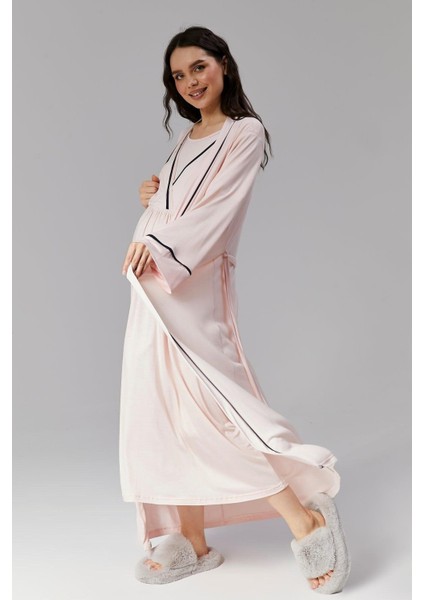 Pamuklu Biyeli Kruvaze Yaka Emzirmeye Hastane ve Günlük Kullanıma Uygun Gecelik Sabahlık Takımı