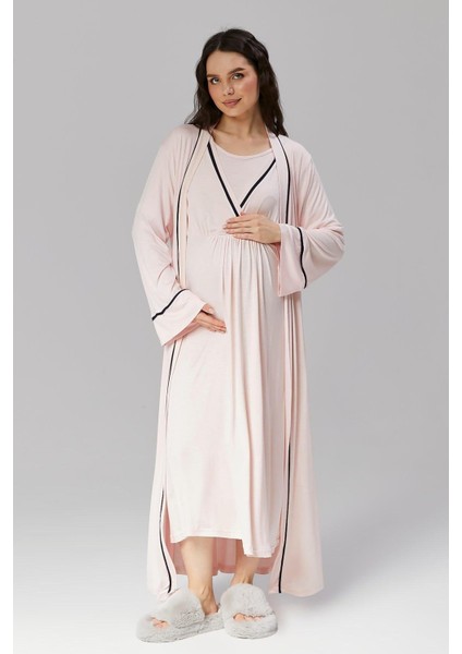 Pamuklu Biyeli Kruvaze Yaka Emzirmeye Hastane ve Günlük Kullanıma Uygun Gecelik Sabahlık Takımı