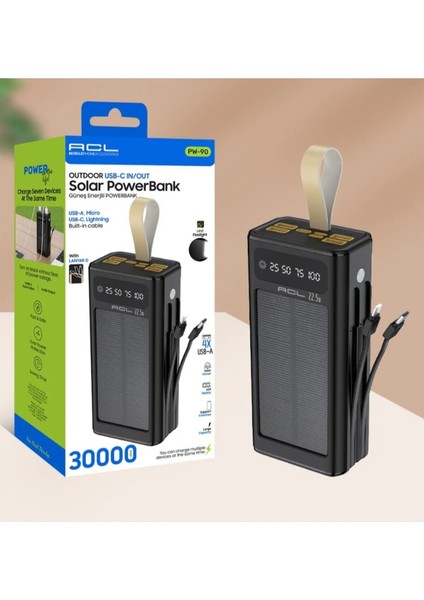 Pw-90 LCD Ekran Dahili Mikro, Type-C, Lightning 4xusb 30.000MAH Kablolu Powerbank fiyatları
