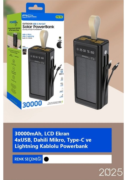 Pw-90 LCD Ekran Dahili Mikro, Type-C, Lightning 4xusb 30.000MAH Kablolu Powerbank indirimleri
