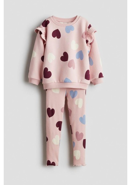 Kız Çocuk Kalp Baskılı 3 Iplik Kumaş Pamuklu Alt Üst Takım