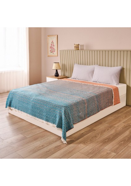 Soft Zemira Pamuklu Çift Kişilik Battaniye - Mavi / Turuncu - 200X220 cm
