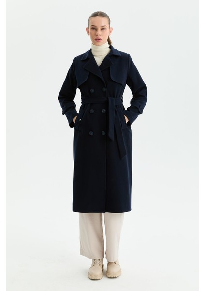 Kışlık Kaşe Kadın Kaban Genç Spor Çift Düğme Kruaze Lacivert 2602