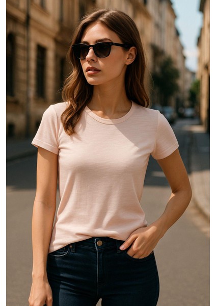 Kadın %100 Organik Pamuklu Relaxed Yıkamalı T-Shirt Bisiklet Yaka Kısa Kollu Kadın Basic Tişört