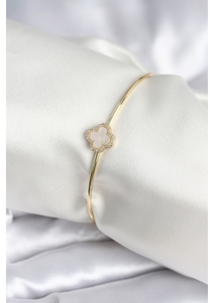 Beyaz Sedefli Yonca Model Gold Renk Kadın Bileklik