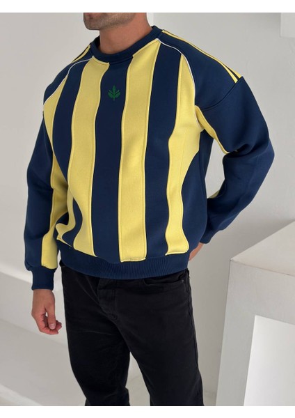 Sarı Lacivert Çizgili Sweat - Oversıze Şardonlu Sweatshırt
