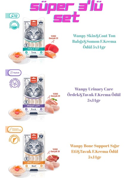 Süper Set 3'Lü 15 Tüp Ton Balığı-Ördek-Sığır Eti. Kedi Ödül