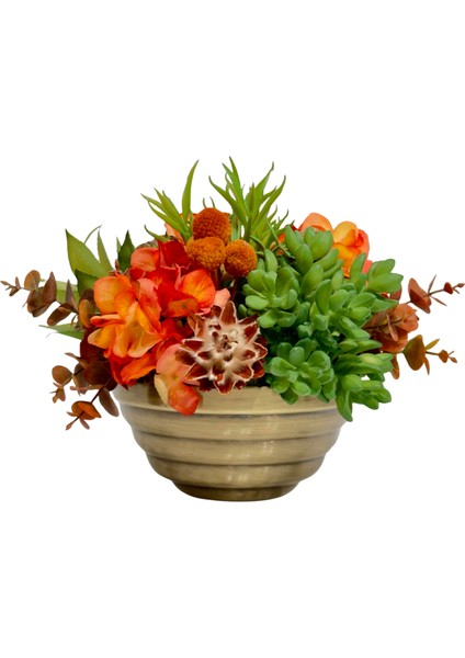 Turuncu Çiçekli Eskitme Kaseli Aranjman