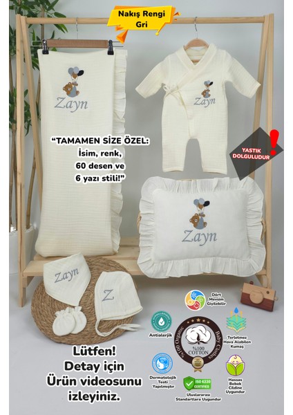 Müslin Yeni Doğan 4katlı Organik %100PAMUK Kişiye Özgü Nakışlı Hastane Çıkış Seti (Balonlu Ayıcık-2)