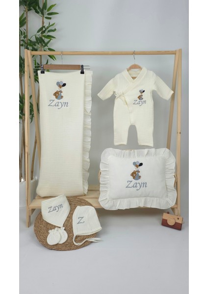 Müslin Yeni Doğan 4katlı Organik %100PAMUK Kişiye Özgü Nakışlı Hastane Çıkış Seti (Balonlu Ayıcık-2) fiyatları