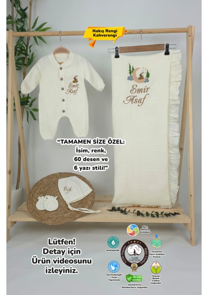 Müslin Yeni Doğan 4katlı Organik %100PAMUK Kişiye Özgü Nakışlı Hastane Çıkış Seti (Kurt Model-1)