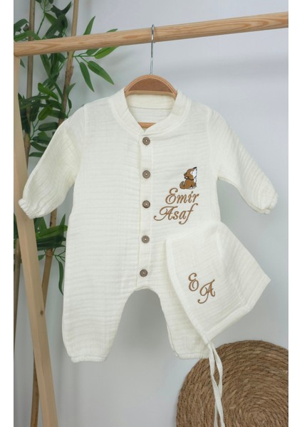 Müslin Yeni Doğan 4katlı Organik %100PAMUK Kişiye Özgü Nakışlı Hastane Çıkış Seti (Kurt Model-1) modelleri