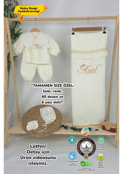 Müslin Yeni Doğan 4katlı Organik %100PAMUK Kişiye Özgü Nakışlı Hastane Çıkış Seti (Papatya Model-2)