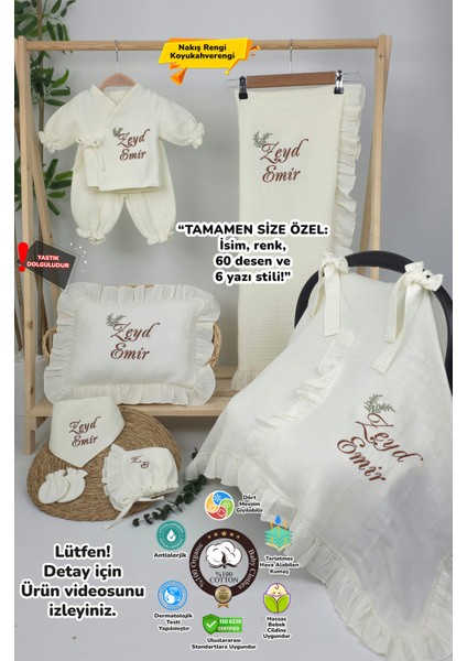 Müslin Yeni Doğan 4katlı Organik %100PAMUK Kişiye Özgü Nakışlı Hastane Çıkış Seti(Ikili Dal Model-5)