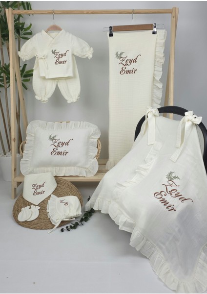 Müslin Yeni Doğan 4katlı Organik %100PAMUK Kişiye Özgü Nakışlı Hastane Çıkış Seti(Ikili Dal Model-5) fiyatları