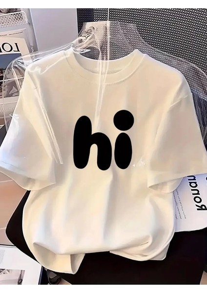 Baskılı Oversize Bisiklet Yaka T-Shirt - Beyaz